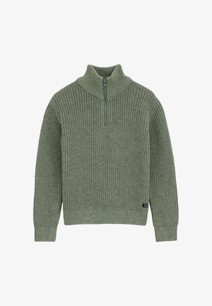 Pull en maille verte avec manches longues et col montant court zippé, poignets et bas en côtes.