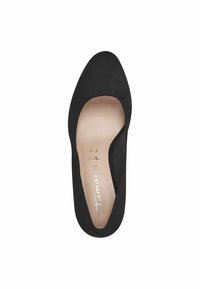 Sorte semsket pumps med rund tå, lave sider og en glatt indersåle. Har metallisk merke på sålen.