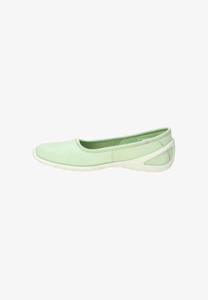 Light green slip-on shoe with white sole, rounded toe, and low-profile design suitable for casual wear.
