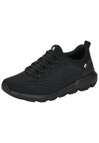 Chaussures de sport noires avec un dessus en maille respirante, des lacets élastiques, une semelle rembourrée et un talon structuré pour le soutien et le confort.
