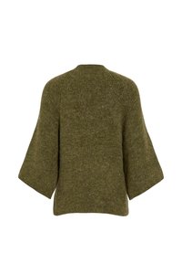 Maglione verde oliva lavorato a maglia con vestibilità rilassata, scollo a coste e maniche larghe. Tessitura morbida e design senza cuciture, visto da dietro.