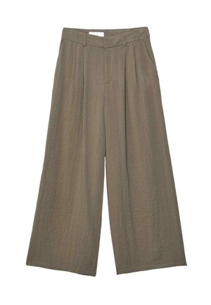 Taupe-colored wide-leg trousers with pleats, belt loops, side pockets, and a high waist, displayed on a white background.