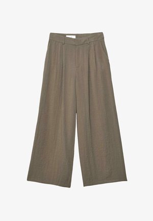 Taupe-colored wide-leg trousers with pleats, belt loops, side pockets, and a high waist, displayed on a white background.