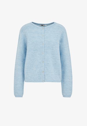 Cardigan di maglia morbida azzurro chiaro, con maniche lunghe e sette piccoli bottoni rotondi lungo la parte frontale.