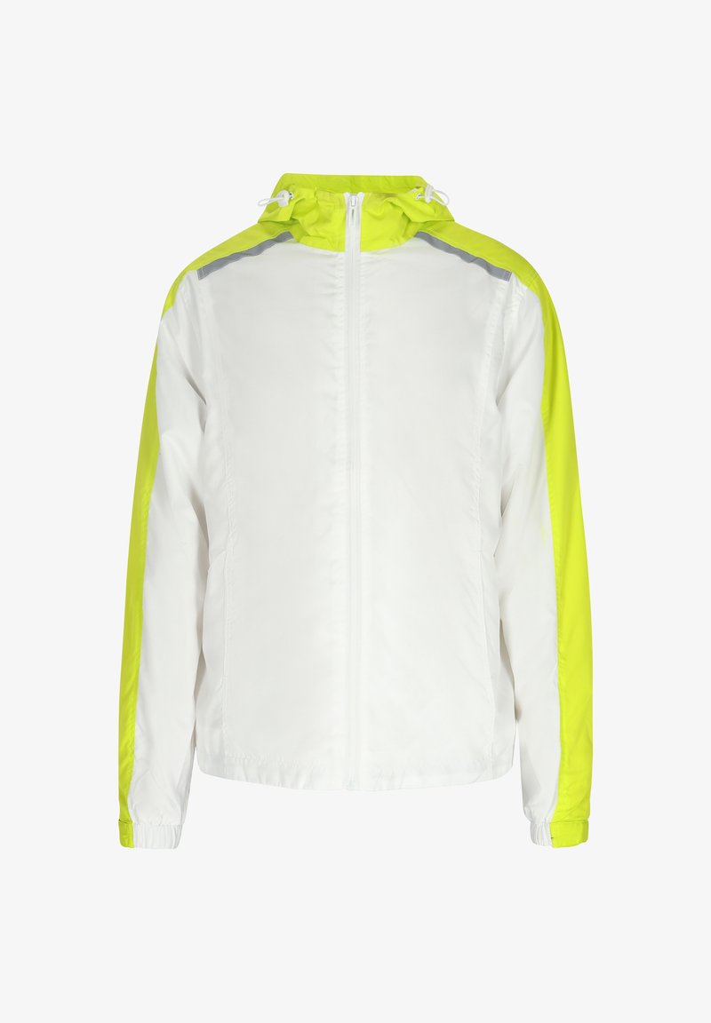 Hvid letvægtsjakke med neongule detaljer på skuldrene og ærmerne, har en fuld lynlås, snoretræk i hætten og elastiske manchetter.