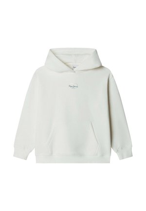 Weißer Kapuzenpullover mit Fronttasche und kleinem mittigem Logo mit der Aufschrift "Pepe Jeans London" auf der Brust.