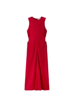 Vestido largo rojo sin mangas con aperturas laterales y lazos delgados, con escote redondo y silueta ajustada.
