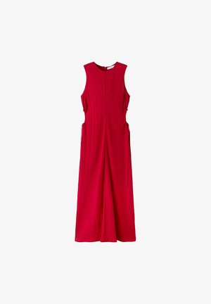Sleeveless long red dress with side cutouts and slim ties, featuring a round neckline and a fitted silhouette.