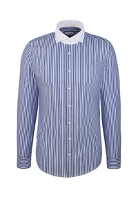 Camicia a maniche lunghe a righe verticali blu e bianche con colletto bianco e chiusura con bottoni, esposta su uno sfondo bianco semplice.