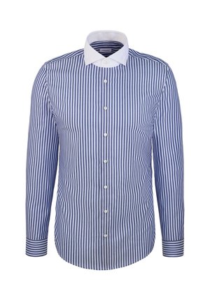 Camicia a maniche lunghe a righe verticali blu e bianche con colletto bianco e chiusura con bottoni, esposta su uno sfondo bianco semplice.