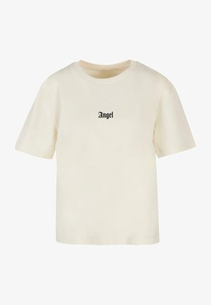 Kreemit värvi puuvillane t-särk lühikeste varrukatega ja ümmarguse kaelusega, mille ees on musta kirjaõhuga trükitud sõna "Angel".