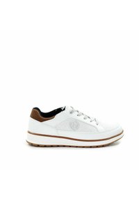 White low-top sneaker with brown accents, perforated side panel, lace-up front, and rubber sole against white background.