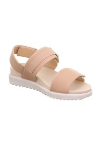 Beige Sandale mit geschlossenem Fersenbereich, zwei verstellbaren Riemen und runder Zehenpartie. Gummisohle mit strukturiertem Grip-Muster. Weiche Innenauskleidung.