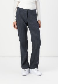 Dark gray pinstriped trousers with a straight-leg design, made of a lightweight fabric, featuring contrasting pinstripes and a smooth finish.