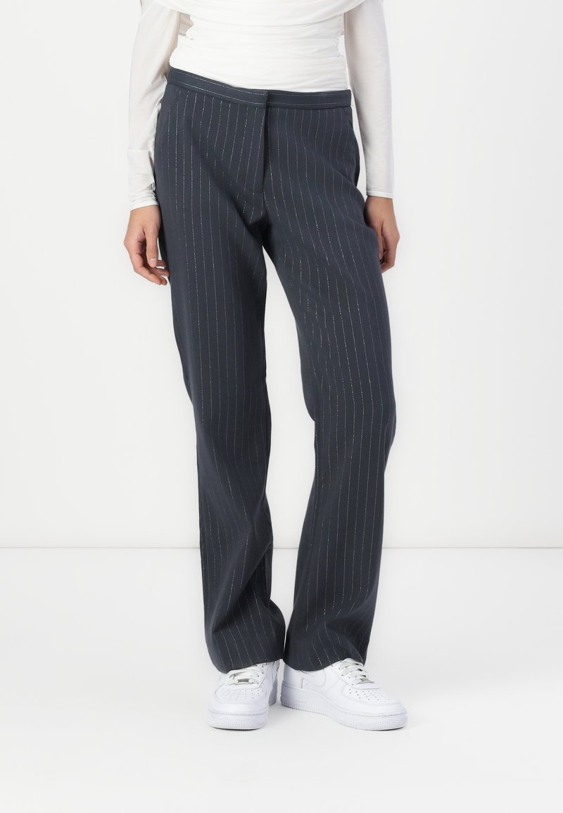 Dark gray pinstriped trousers with a straight-leg design, made of a lightweight fabric, featuring contrasting pinstripes and a smooth finish.