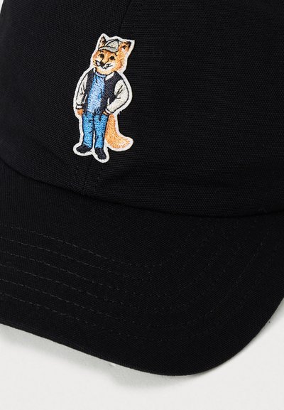 Black cap with a stitched orange fox wearing a gray jacket, blue pants, and a gray hat on the front panel.