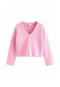 Lyserød ribstrikket sweater med V-hals, cropped design og lange ærmer. Det strukturerede stof har lodrette striber.