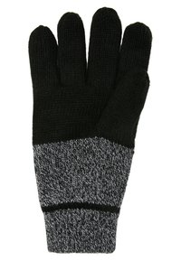 Black knitted glove with a grey marled pattern at the cuff, featuring distinct finger sections and a textured finish.