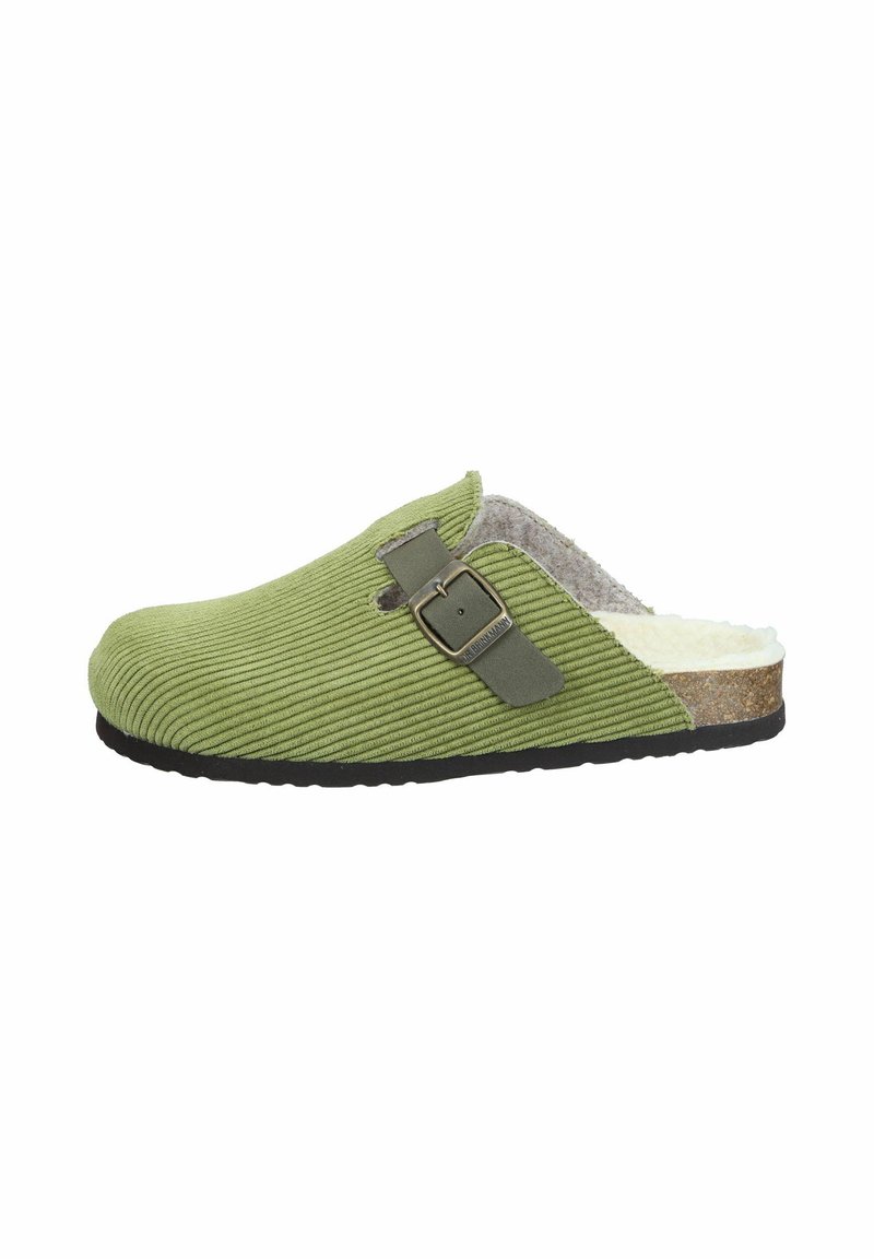 Grüne Corduroy-Clogs mit einer Schnallenakzentuierung, strukturiertem Design, weicher Kunstfellpolsterung, korkähnlicher Zwischensohle und einer schwarzen Gummisohle.
