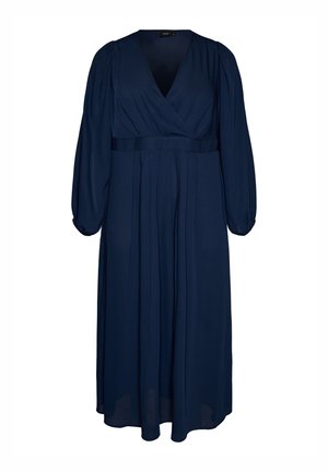 Navy blue long-sleeve midi dress with V-neck, pleated front, gathered puff sleeves, and fitted waistband.