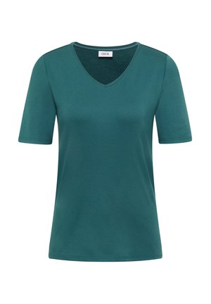 T-shirt da donna color verde acqua a maniche corte con scollo a V e etichetta "CECIL" all'interno del colletto, mostrata su sfondo bianco.
