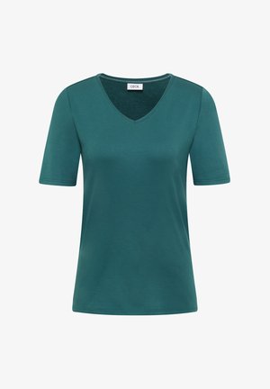 Krótka damska koszulka w kolorze zielonkawoniebieskim z dekoltem w serek i metką "CECIL" wewnątrz kołnierza, prezentowana na białym tle.