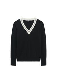 Maglione nero a V con maniche lunghe, caratterizzato da un colletto con bordo bianco e strisce lungo l'escollatura. Realizzato in un tessuto morbido e liscio.