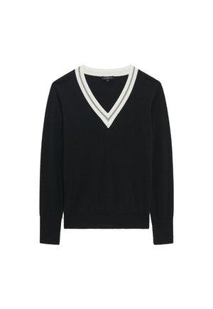 Suéter negro de cuello en V con mangas largas, que presenta un collar con ribete blanco y rayas a lo largo del escote. Fabricado con una tela suave y lisa.