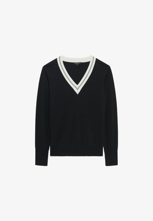 Pull noir à col en V à manches longues, doté d'un col à bord blanc et de rayures le long de l'encolure. Fabriqué à partir d'un tissu lisse et doux.