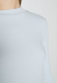 Ljusblå ribbad långärmad topp med hög halsringning och åtsittande siluett, tillverkad av ett slätt, elastiskt material.