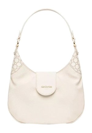 Borsa a spalla in pelle crema con chiusura a patta superiore, dettagli in catena dorata e sottili motivi sui angoli superiori.