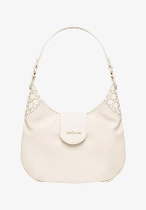 Borsa a spalla in pelle crema con chiusura a patta superiore, dettagli in catena dorata e sottili motivi sui angoli superiori.