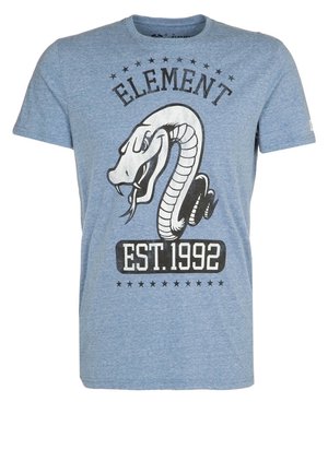 Blue heathered T-shirt made of cotton, featuring a large graphic of a snake and text "ELEMENT EST.1992" in black. Short sleeves and crew neck.
