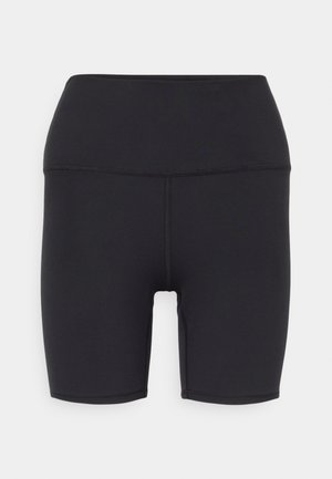 Svarta sportshorts i elastiskt material, med hög midja, slät yta och utan synliga mönster eller detaljer.