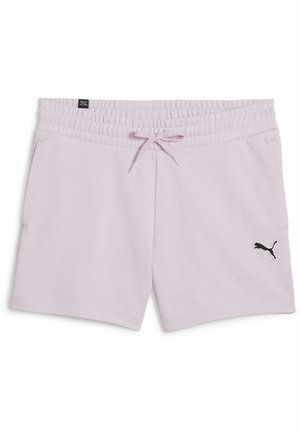 Lila bomullsshorts med elastisk midjeband och dragsko, med sidofickor och en svart Puma-logotyp på nedre högra benet.