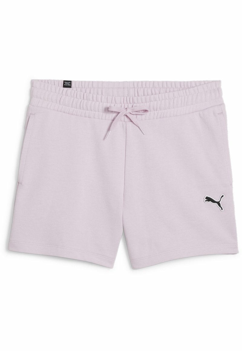 Lila bomullsshorts med elastisk midjeband och dragsko, med sidofickor och en svart Puma-logotyp på nedre högra benet.