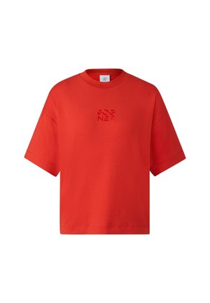 Red cotton T-shirt with a round neckline and short sleeves. Features textured "BOGNER" logo in the center. Casual boxy design.