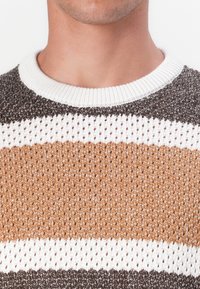 Maglione lavorato a maglia con strisce orizzontali marroni, beige e bianche, caratterizzato da un motivo testurizzato, un collo rotondo a coste e sezioni a trama aperta.