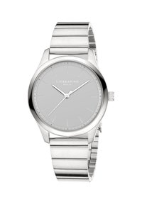 Silberne Metallarmbanduhr mit einem glatten, hellgrauen Zifferblatt, minimalistischen Stundenmarkierungen und einem gebürsteten Metallband. Verfügt über ein rundes Gehäuse und eine Krone.