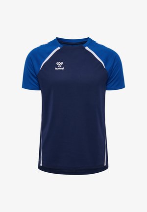 Navyblaues Sportshirt mit blauen Raglansleeves, weißen Details an den Schultern und einem kleinen Logo auf der Brust. Vorderansicht.