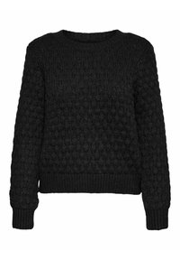 Schwarzer Strickpullover mit einem erhabenen Muster, rundem Kragen und gerippten Bündchen und Saum. Der Stoff wirkt strukturiert und dick.