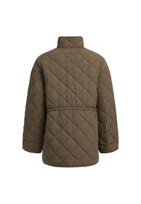 Wattierte braune Jacke mit hohem Kragen, lockerer Passform und langen Ärmeln. Verfügt über rautenförmige Nähte und einen Kordelzug in der Taille.