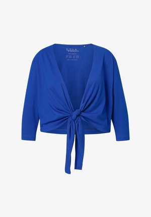 Blue, cotton blend top with a deep V-neck and three-quarter length sleeves. Knot detail at the front center adds structure.