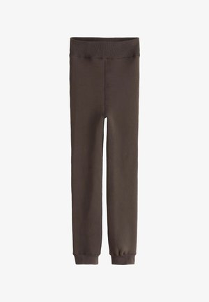 Tamsiai rudos spalvos aukštos liemens leginsai su plačia ribuota liemenu ir aptemptomis rankogaliais, pagaminti iš lygaus, tamprios medžiagos.