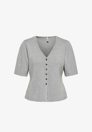 Haut en tricot gris clair à manches courtes avec col en V et six boutons noirs sur le devant.