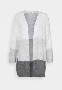 Cardigan a maglia grigio chiaro e grigio scuro con una vestibilità morbida, apertura frontale e maniche a tre quarti, caratterizzato da un blocco di colori orizzontale.