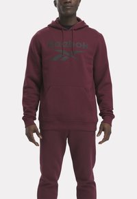 Sudadera burdeos hecha de una tela suave, con un bolsillo delantero y capucha con cordón, y un gran logo gris de Reebok en el pecho.