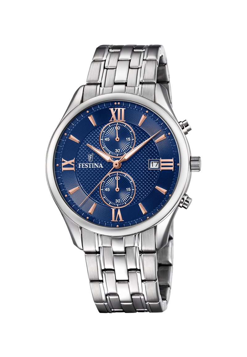 Orologio in acciaio inox lucido con quadrante blu testurizzato, dettagli in oro rosa, numeri romani e tre sottodial. Presenta una finestra per la data.