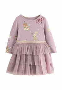 Robe à manches longues en lavande avec des imprimés d'animaux fantaisistes, un haut texturé et une jupe en tulle superposée parsemée de paillettes dorées et agrémentée d'un accent en ruban.