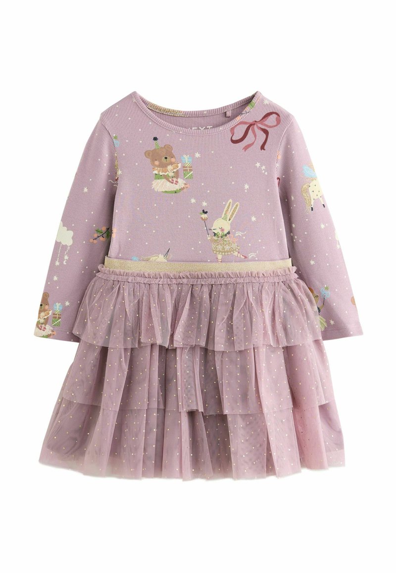 Robe à manches longues en lavande avec des imprimés d'animaux fantaisistes, un haut texturé et une jupe en tulle superposée parsemée de paillettes dorées et agrémentée d'un accent en ruban.